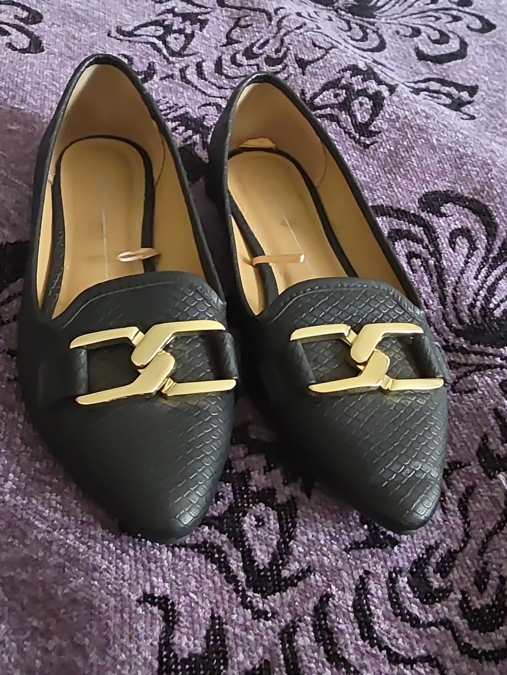 Report Black Textured Pointed Loafers with Gold Hardware